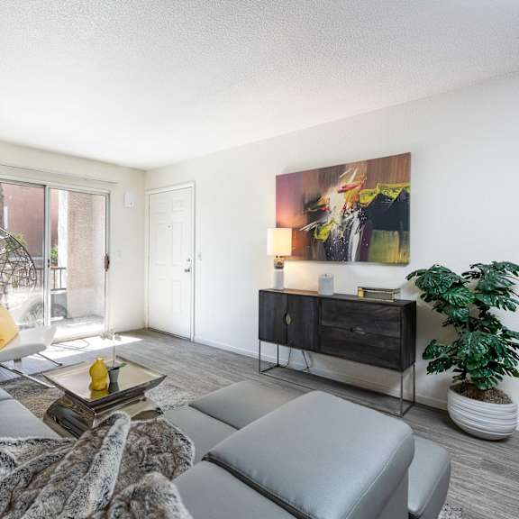 a living room with a gray couch and a tv