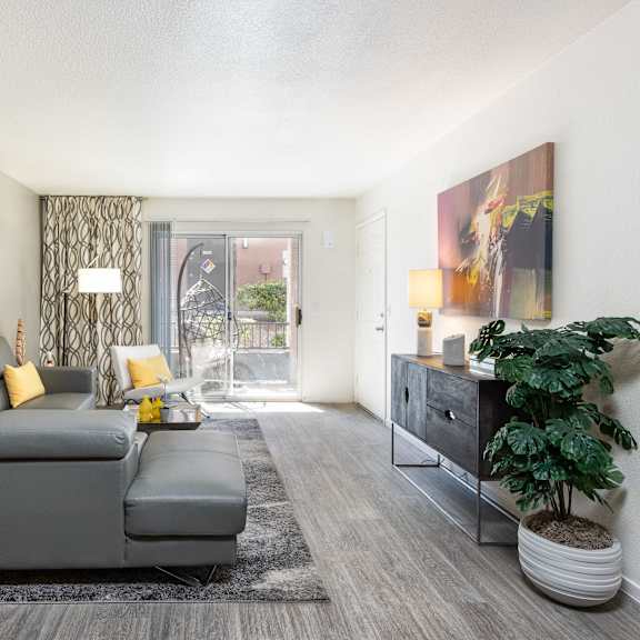 a living room with a gray couch and a tv