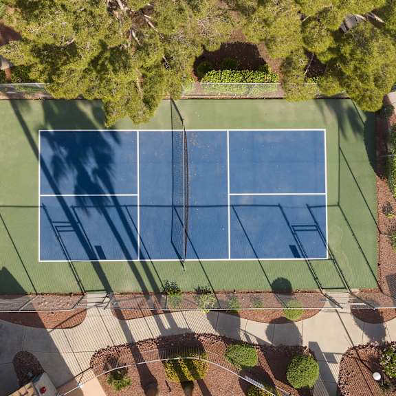 an aerial view of a tennis court with green grass and trees