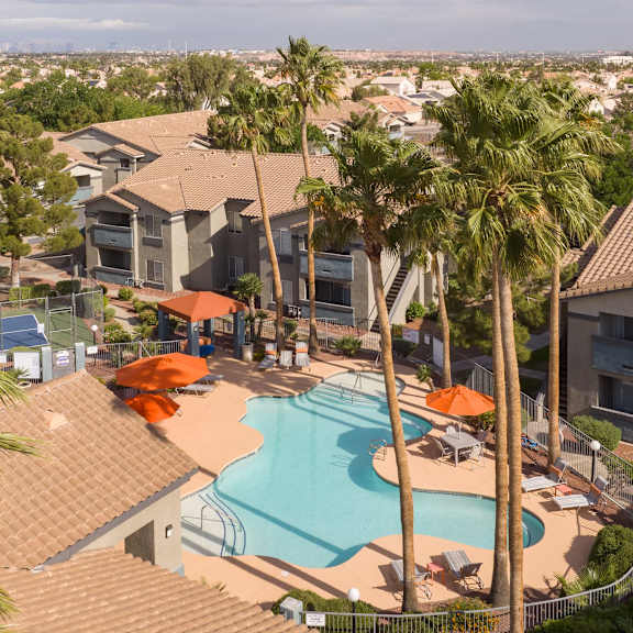 an aerial view of a swimming pool with palm trees