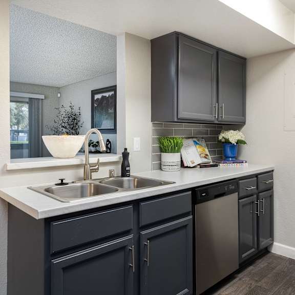 a kitchen with black cabinets and a sink and a window