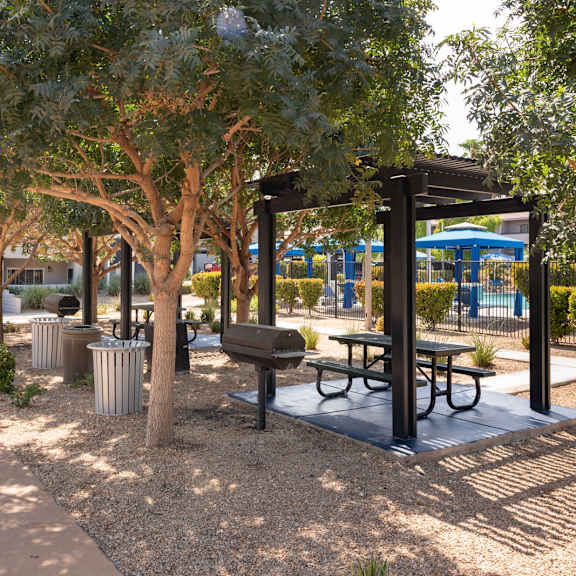 a group of tables and chairs in a park