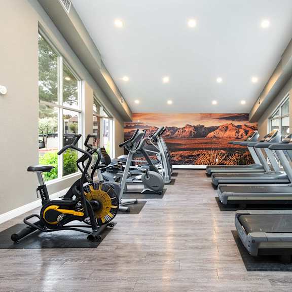a gym with cardio machines and a wall mural of a mountain