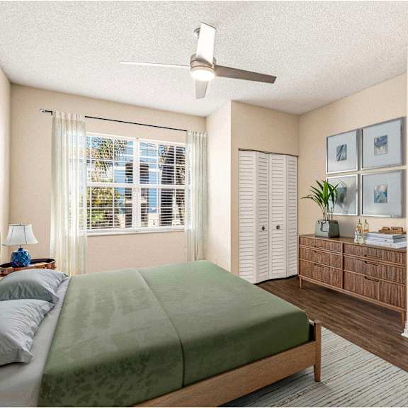 a bedroom with a bed, dresser, and window.
