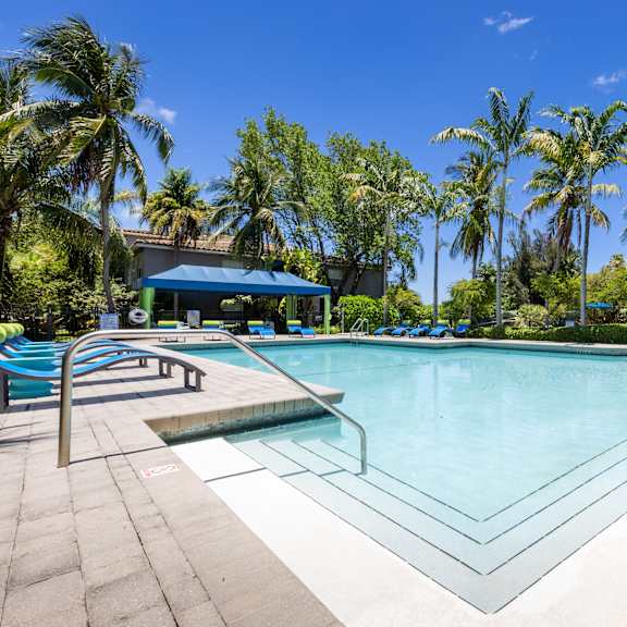 a large swimming pool surrounded by palm trees.