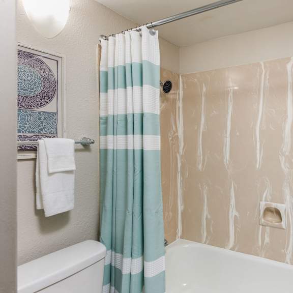 a bathroom with a shower and a toilet and a shower curtain