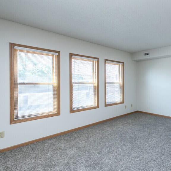 a room with a grey carpet and three windows.