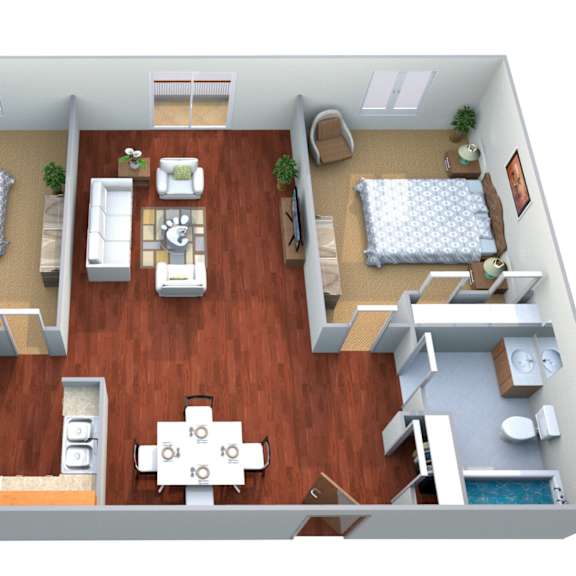 Thumbnail 1 of 2 A 3D floor plan of a house with two bedrooms, a living room, a kitchen, and a bathroom.