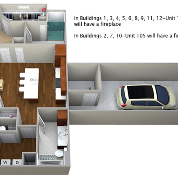 Thumbnail 2 of 2 aFloorplan 1096 sq resized for yardi with correct fireplace verbiage t Cedar Place Apartments, Wisconsin, 53012
