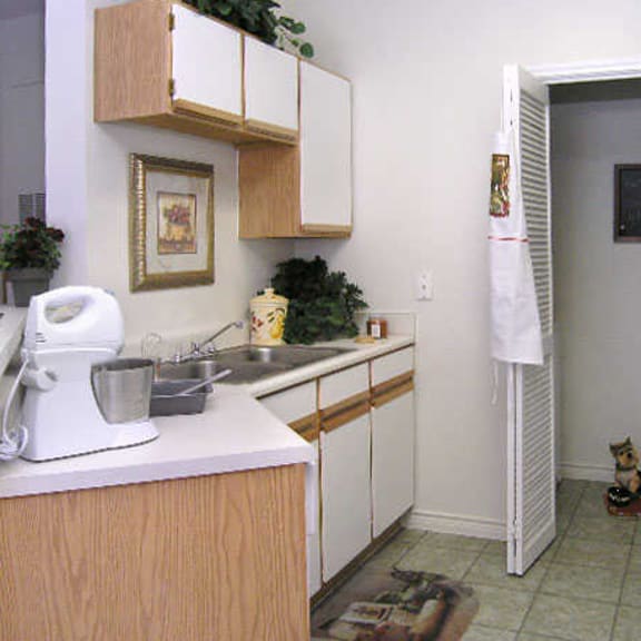 a kitchen with a white mixer and a dog.