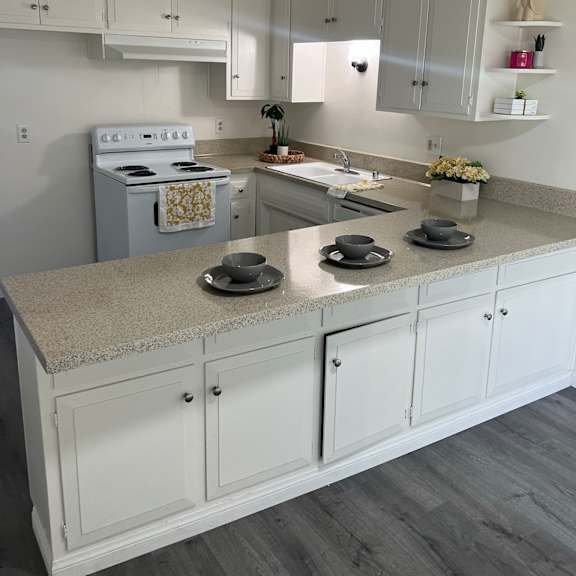a kitchen with white cabinets and a granite countertop.