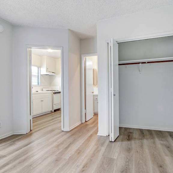 a white room with a wooden floor and a closet with a shelf.
