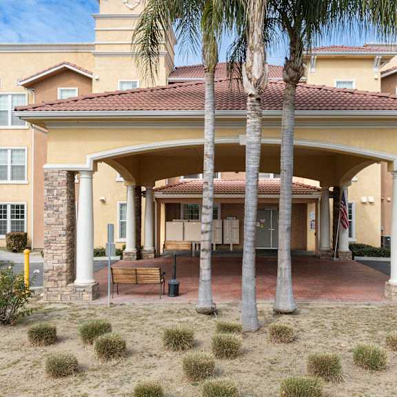 a building with a palm tree in front.