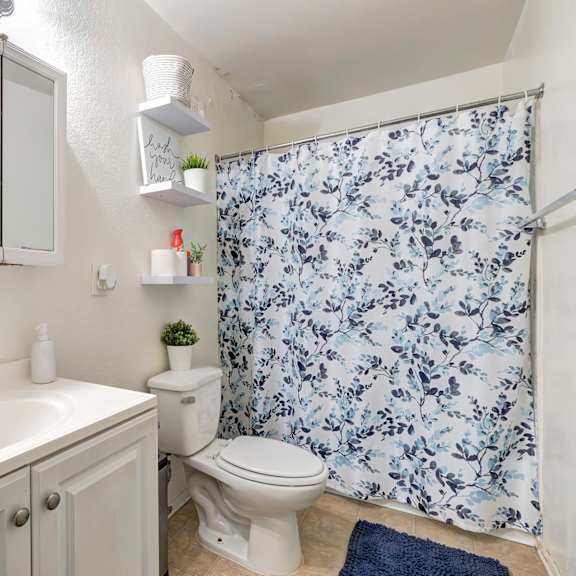 a small bathroom with a sink, toilet, and shower curtain.