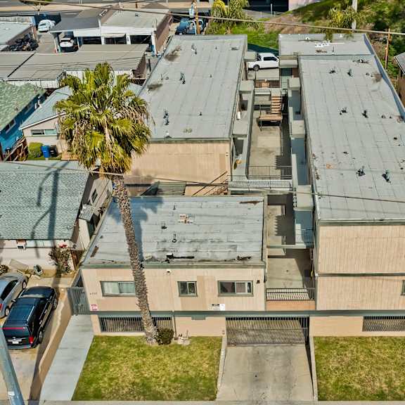 a palm tree is in front of a building with a green roof.