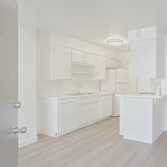 a white kitchen with a sink and cabinets.