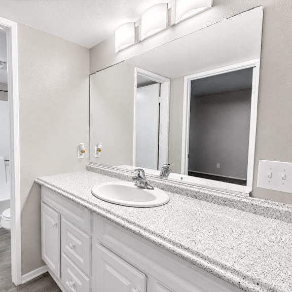 a bathroom with a sink, mirror, and shower.