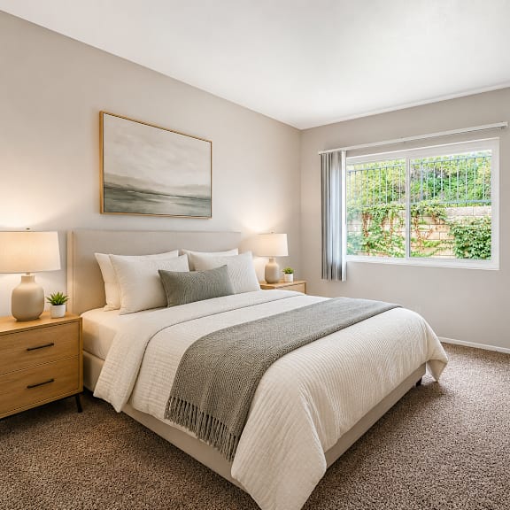 a bedroom with a large bed and a window overlooking a garden.