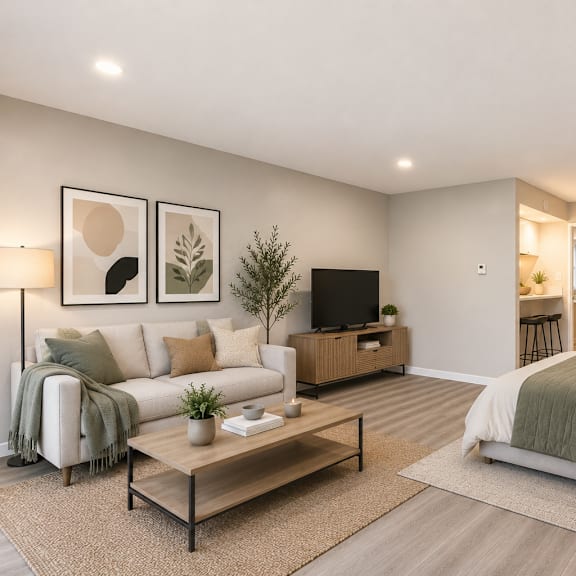 a well-lit, modern bedroom with a large bed and a cozy seating area.