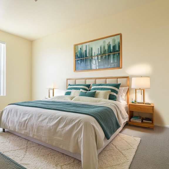 a bedroom with a large bed and a painting above it.