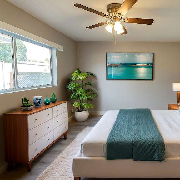 a bedroom with a bed, dresser, and ceiling fan.