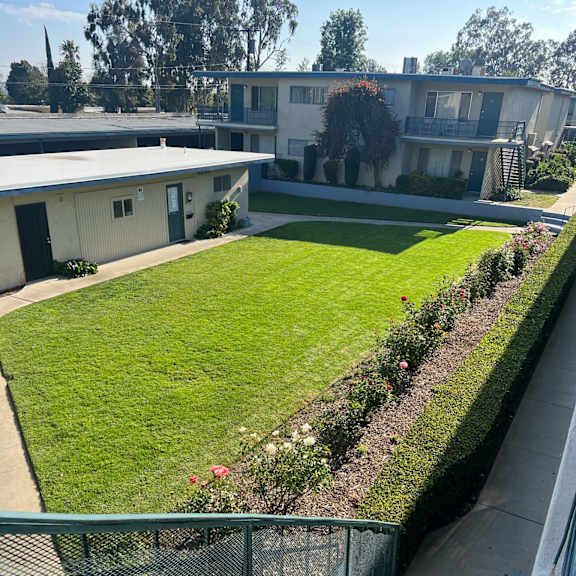 a green lawn with a black fence and a white building in the background.