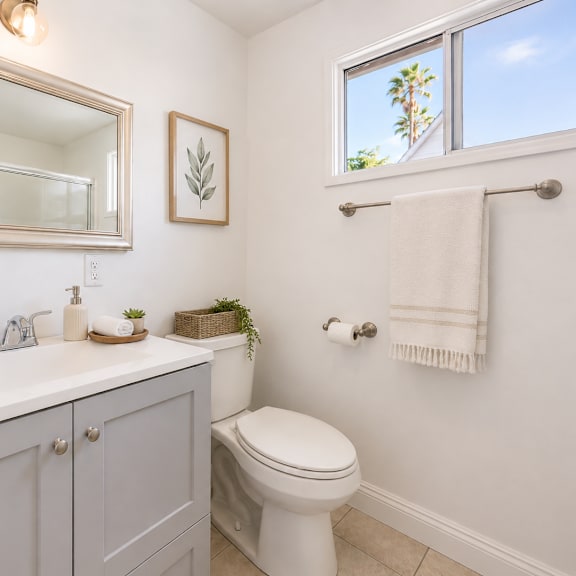 a bathroom with a white toilet, a sink with a mirror above it, and a window showing a tree outside.
