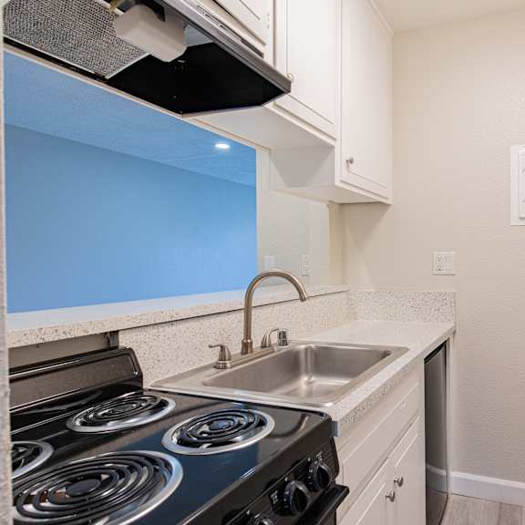 a kitchen with a stove, sink, and cabinets.