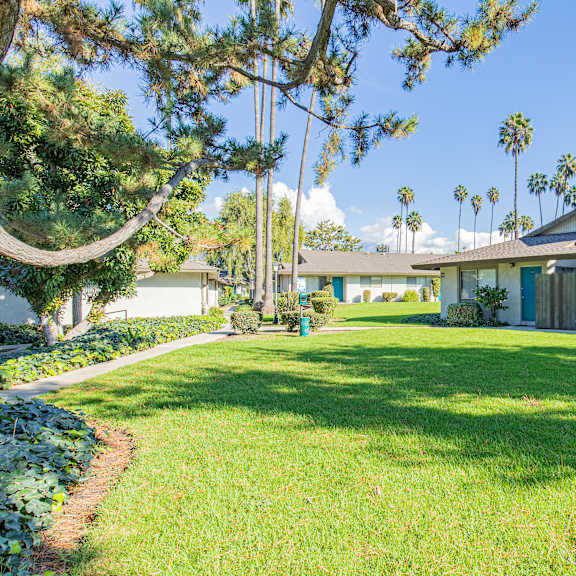 a house with a blue door and a green lawn.
