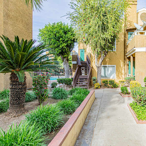 a pathway leads to a building with a green door.