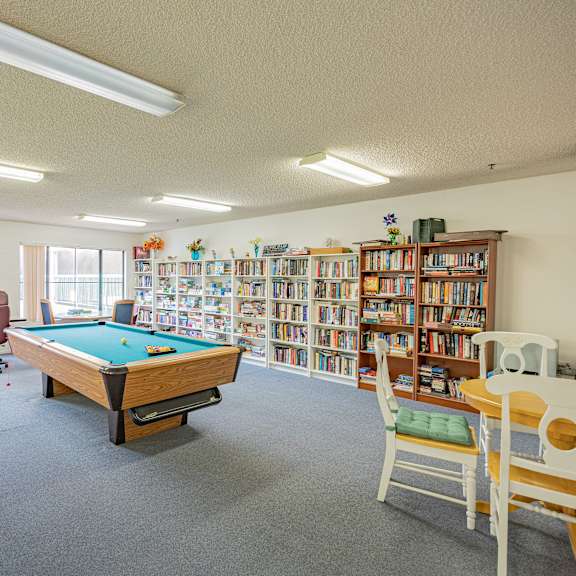 a room with a pool table, couches, and bookshelves.