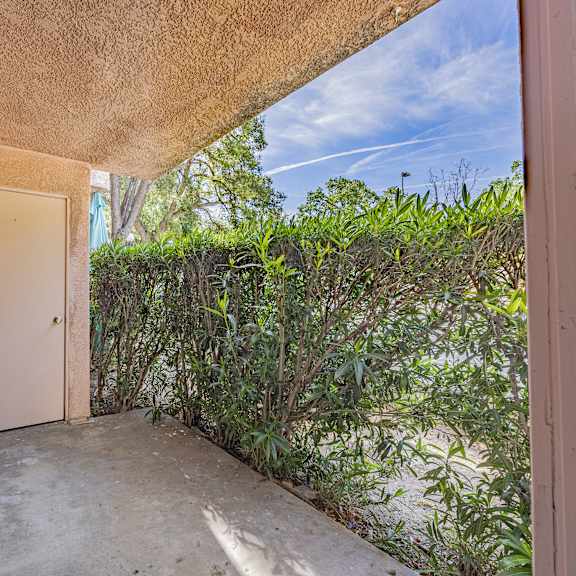 a patio area with a door and plants.