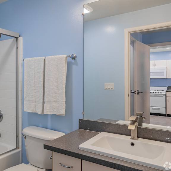 a bathroom with blue walls and a white sink.
