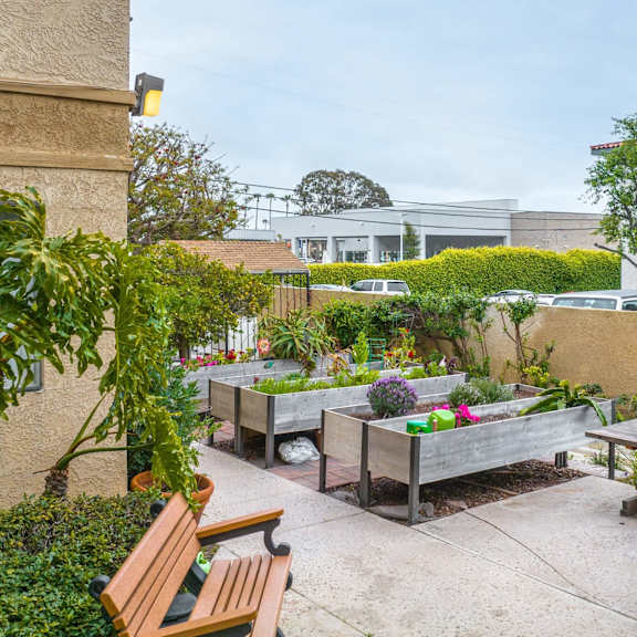 a backyard with benches and plants and a grill at huntington terrace north senior, huntington beach, 92648
