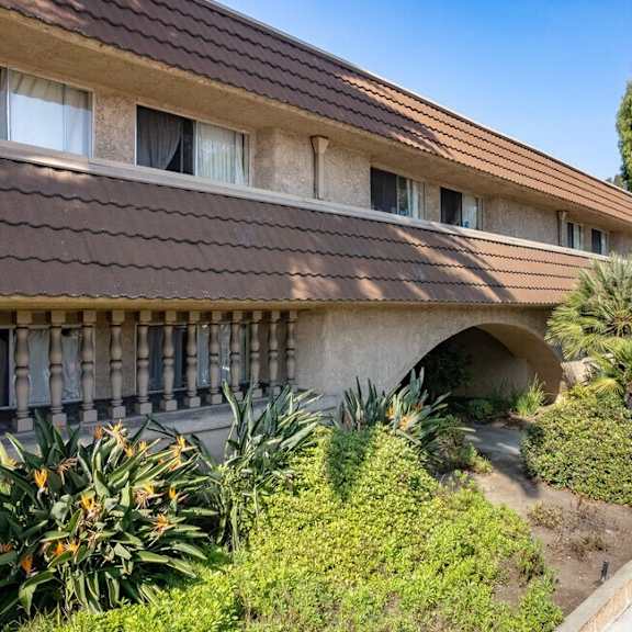 a building with a garden in front of it at north view terrace, montebello california