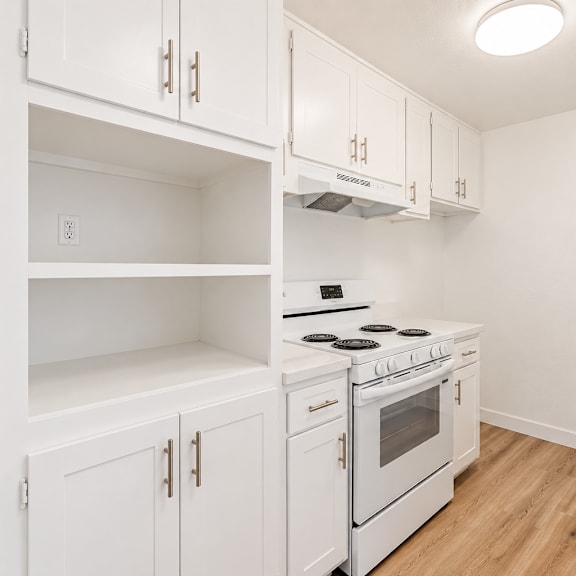a white kitchen with a stove and sink.