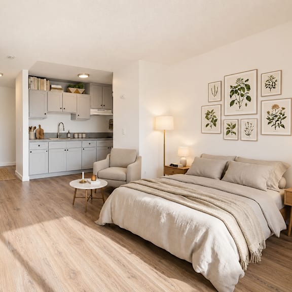 a bedroom with a large bed and a kitchen area in the background.