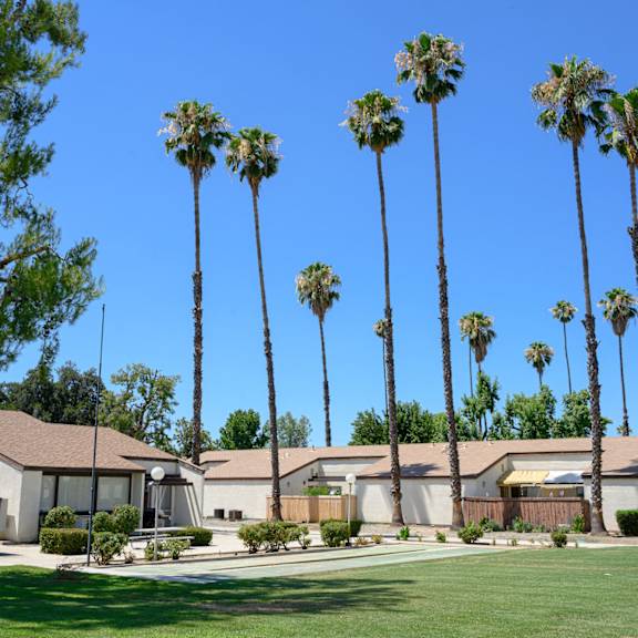 a row of houses with palm trees in the background at villa hemet, hemet