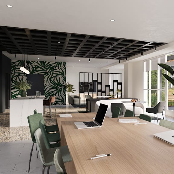 a modern office space with a long wooden table and chairs.