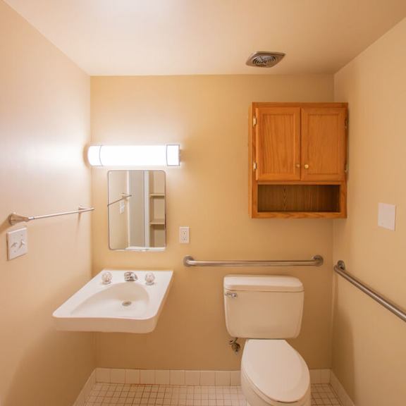 a bathroom with a toilet, sink, and mirror.
