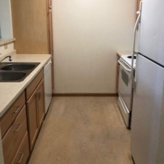 a kitchen with a white refrigerator, sink, and wooden cabinets.