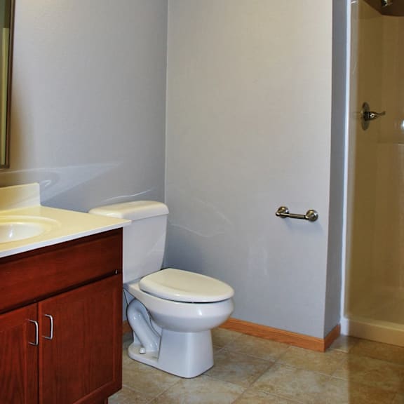 a white toilet sits in a bathroom next to a sink and a shower.