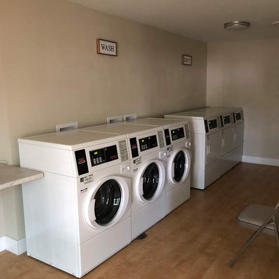 a row of white front loading washing machines in a laundry room.