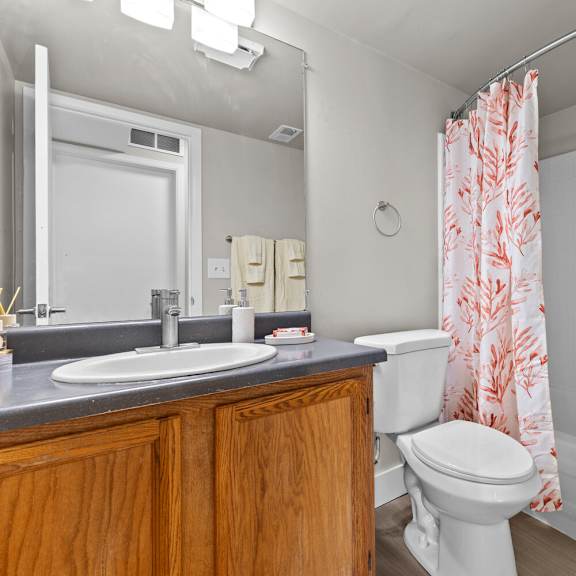 a bathroom with a toilet, sink, and shower curtain.