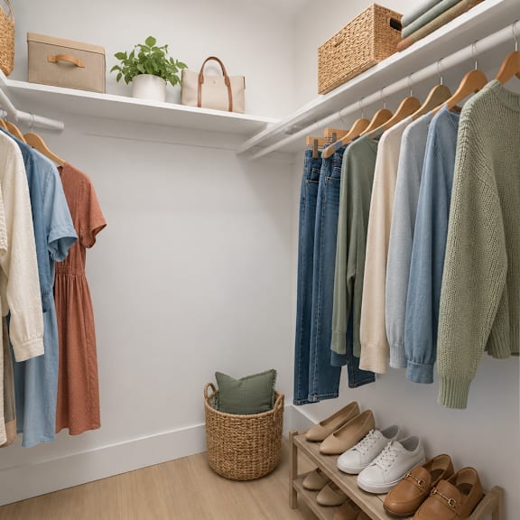 clothes hanging on a rack in a closet.