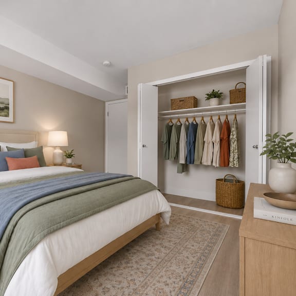 a bedroom with a large bed and a wardrobe with clothes hanging on it.