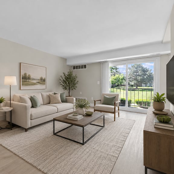a living room with a couch, coffee table, and a painting on the wall.