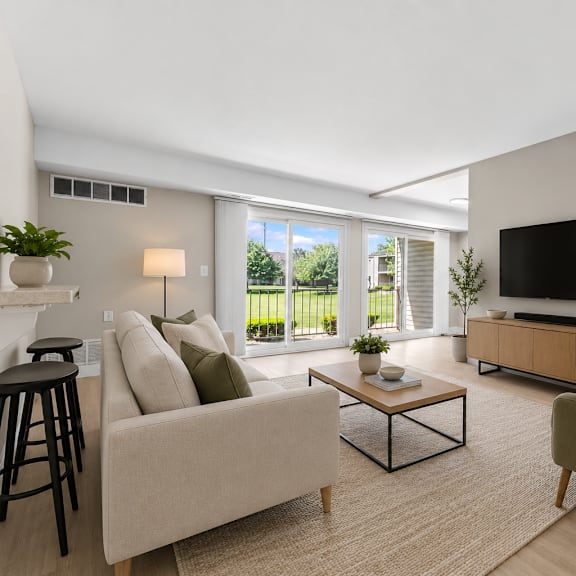 a modern living room with a beige sofa, a green armchair, and a wooden coffee table.