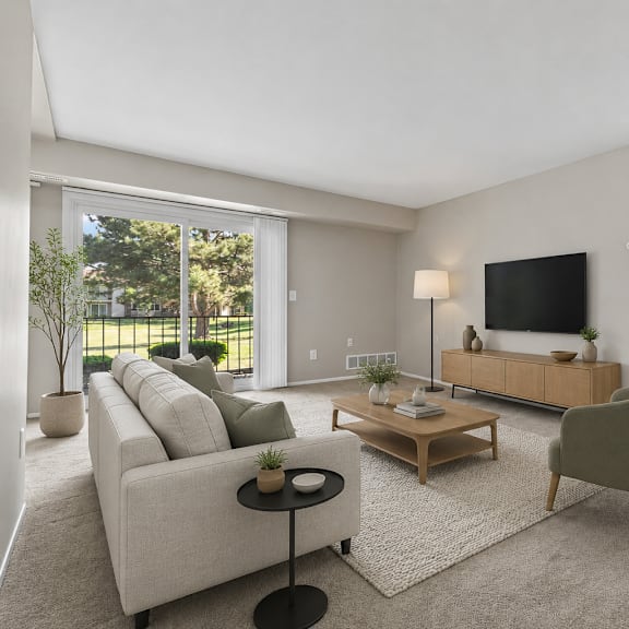 a living room with a grey couch, a wooden coffee table, and a green armchair.