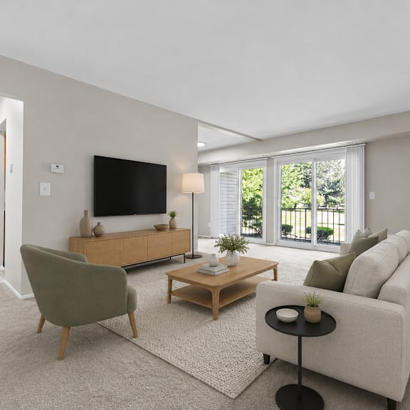 a living room with a grey sofa, a green armchair, a wooden coffee table, and a flat-screen tv mounted on the wall.